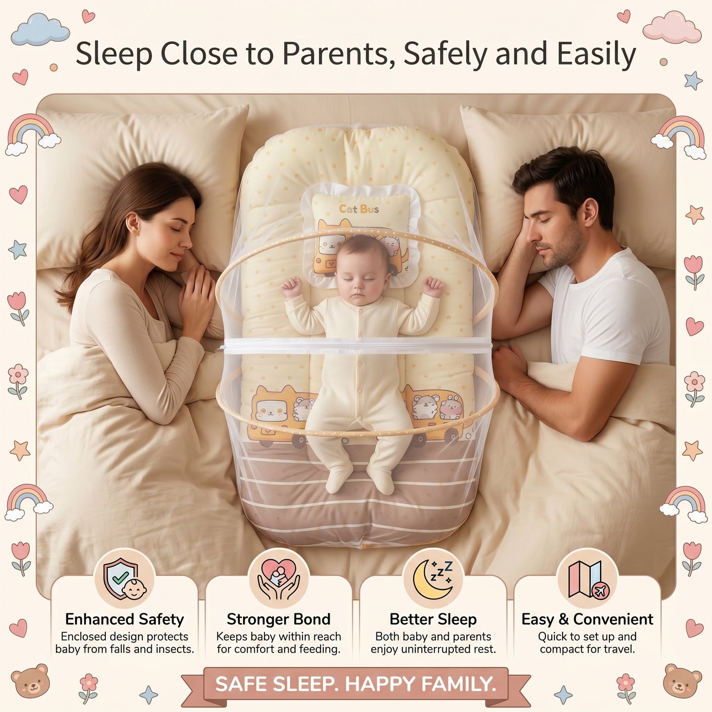 MONIMINI EXTRA LARGE BABY BED | BREATHABLE MOSQUITO NET & SOFT CUSHION COMFORT