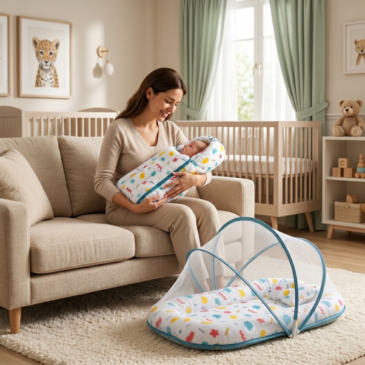 MONIMINI MUSLIN COMBO FOR NEWBORNS | BABY SLEEPING BAG & MOSQUITO NET BED | SOFT COTTON BABY CARE ESSENTIALS