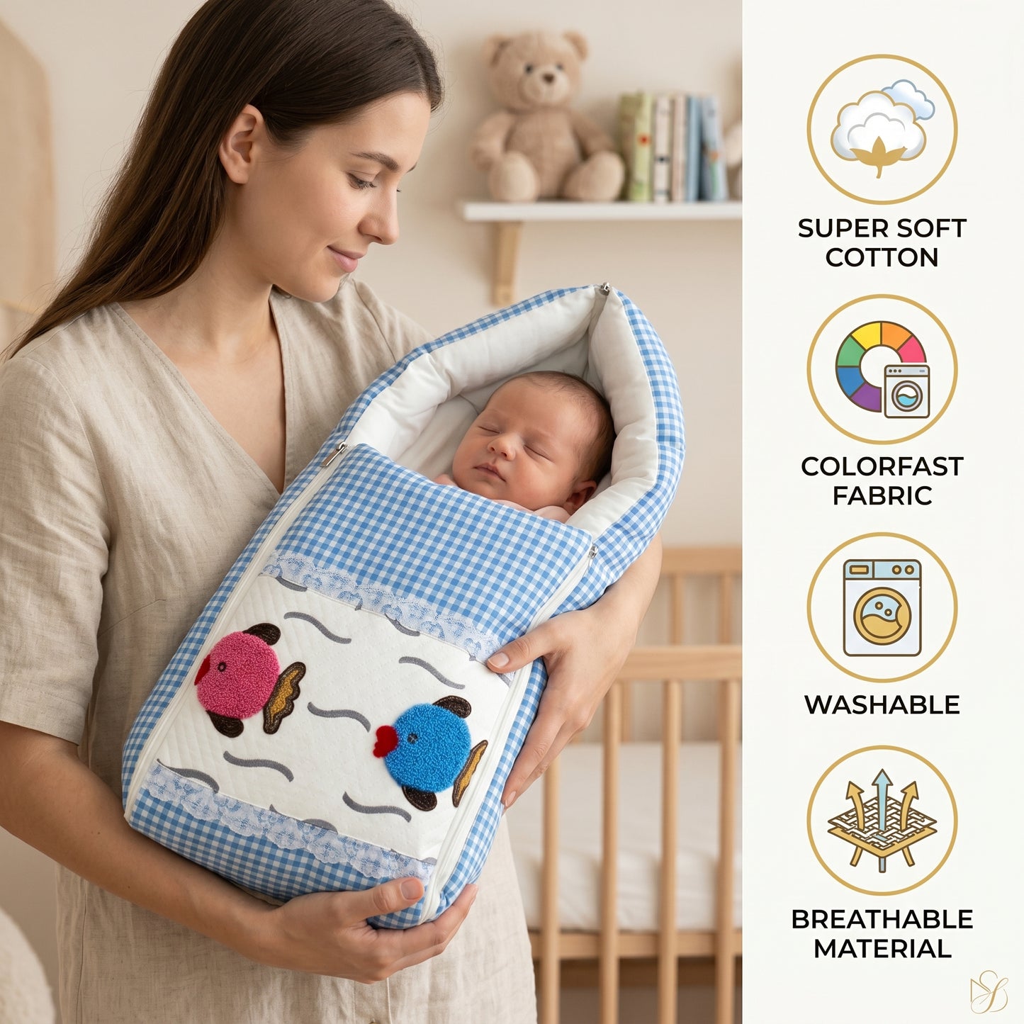 MONIMINI LUXURY UNN WORK BABY BEDDING COMBO SET FOR NEWBORNS 7-PIECE COTTON BABY CARE ESSENTIALS