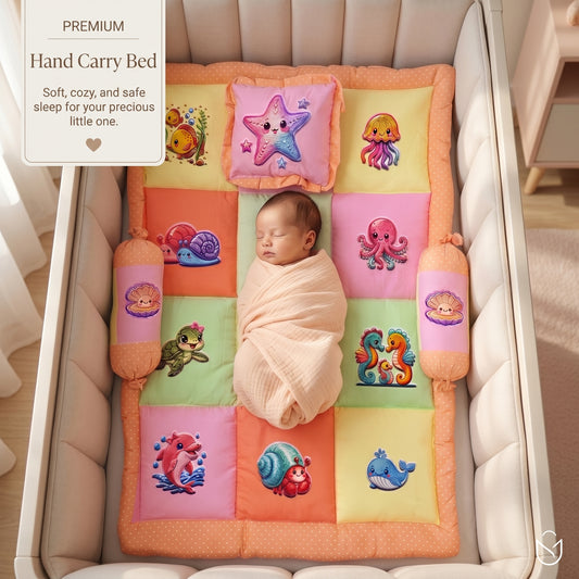 MONIMINI PREMIUM OCEAN THEME PRINT BABY MATTRESS SET | SOFT COTTON SLEEPING & PLAY MAT WITH PILLOW AND BOLSTER FOR NEWBORNS
