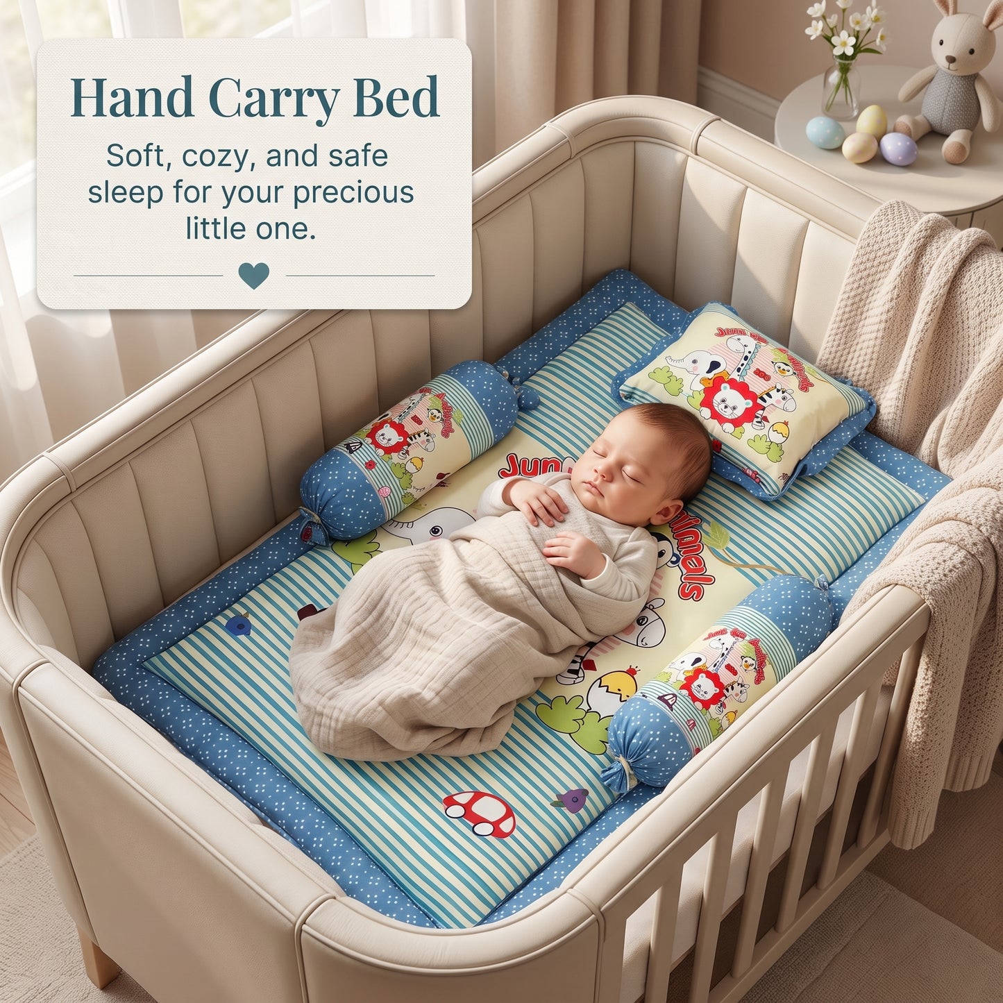MONIMINI PREMIUM BABY BEDDING SET | DIGITAL PRINT MATTRESS, MOSQUITO NET SLEEPING BAG & BABY ESSENTIALS