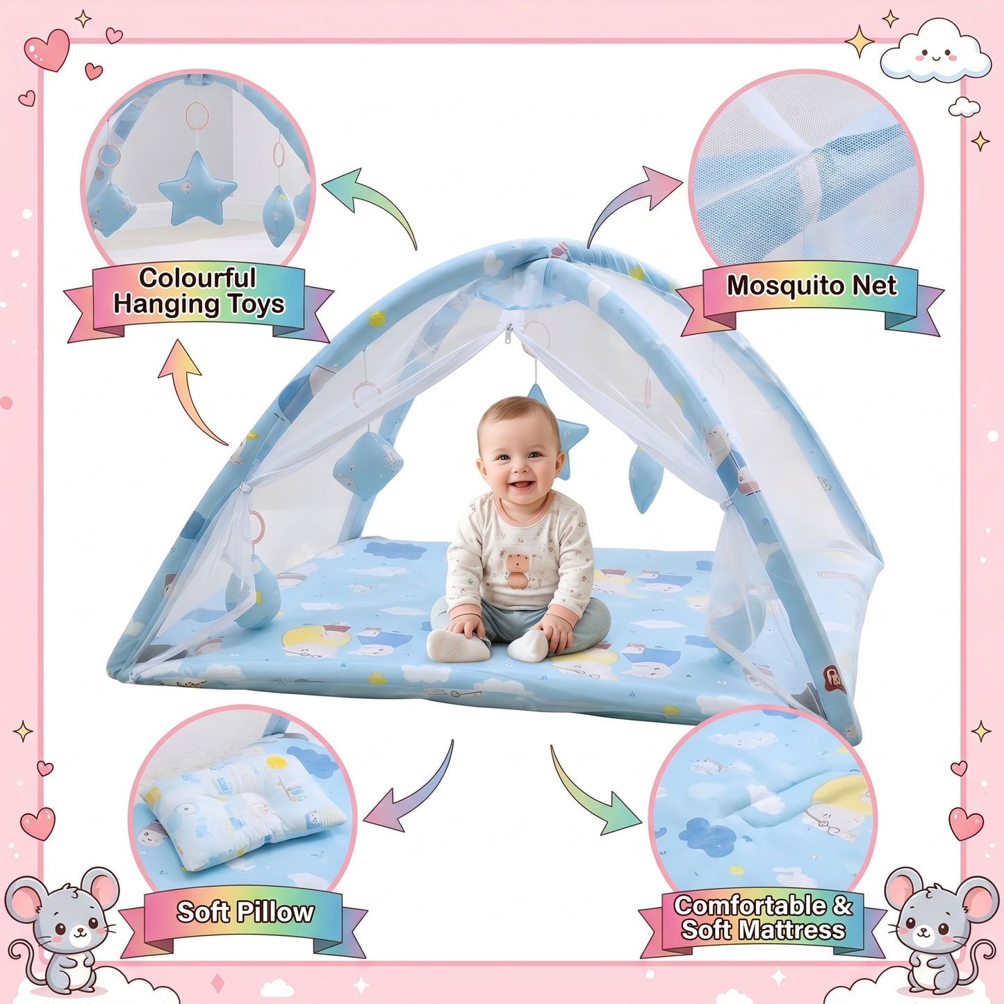MONIMINI 3-IN-1 BABY PLAY GYM WITH MOSQUITO NET | FOLDABLE ACTIVITY MAT, HANGING TOYS & SAFE PLAY TENT FOR NEWBORNS