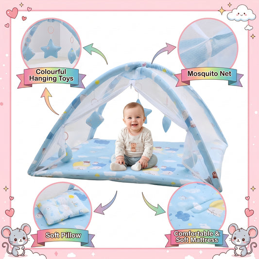 MONIMINI 3-IN-1 BABY PLAY GYM WITH MOSQUITO NET | FOLDABLE ACTIVITY MAT, HANGING TOYS & SAFE PLAY TENT FOR NEWBORNS