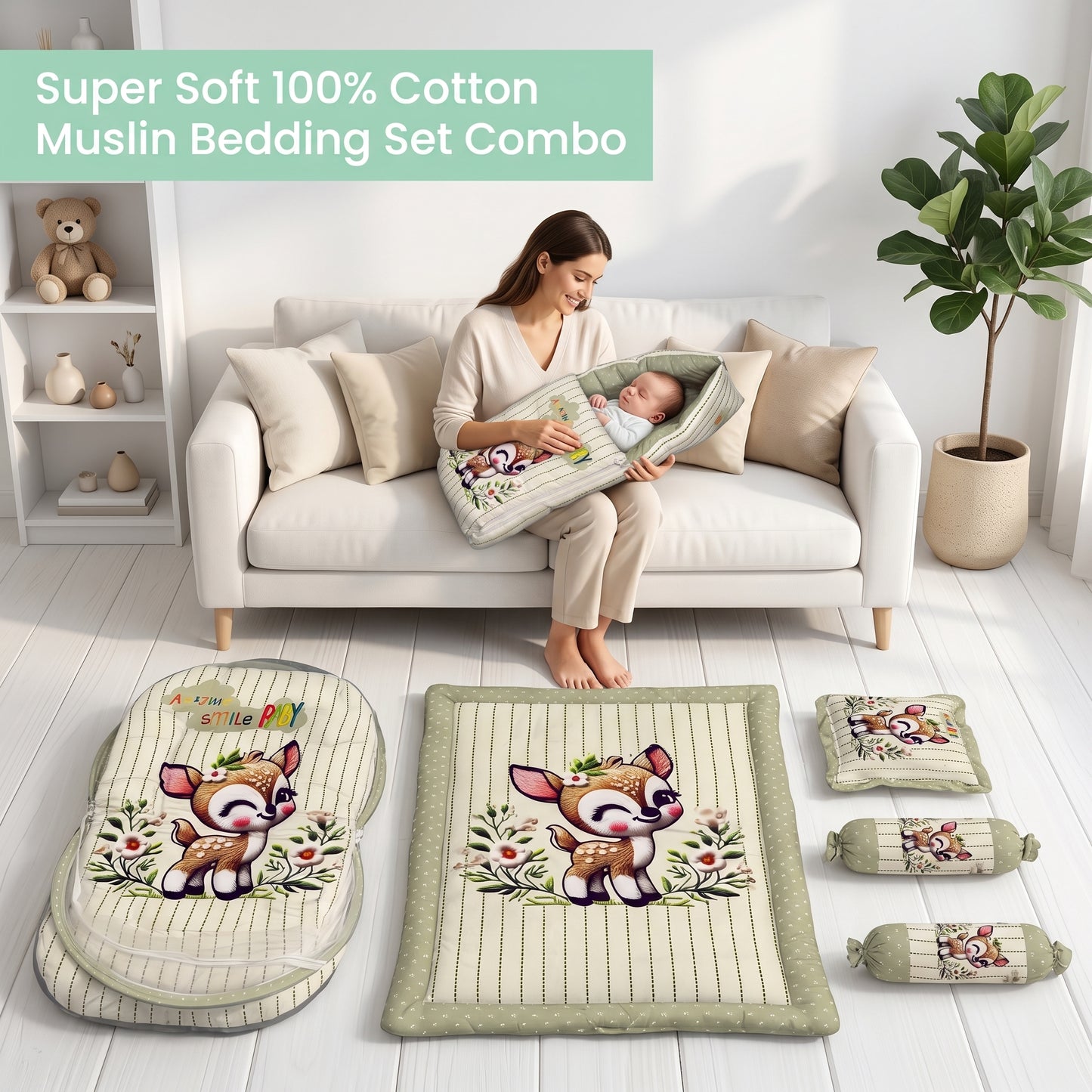 MONIMINI LUXURY DIGITAL PRINT BABY BEDDING SET | COMPLETE NEWBORN SLEEP & CARE COMBO