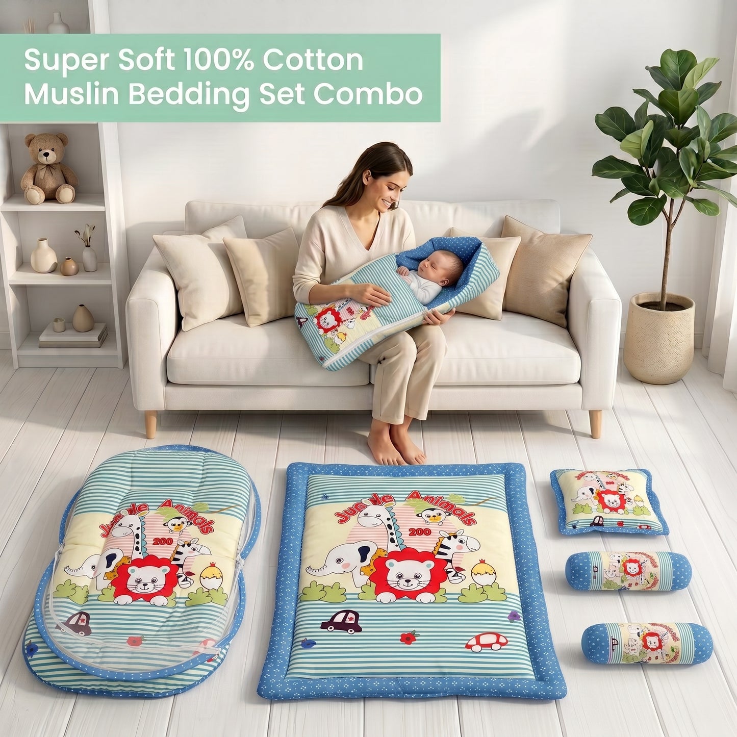 MONIMINI PREMIUM BABY BEDDING SET | DIGITAL PRINT MATTRESS, MOSQUITO NET SLEEPING BAG & BABY ESSENTIALS