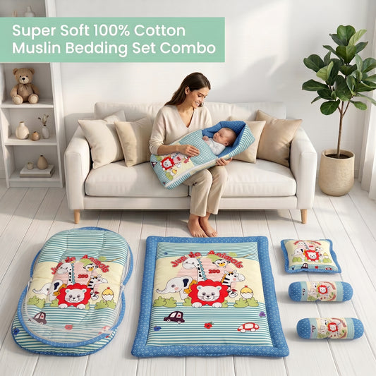 MONIMINI PREMIUM BABY BEDDING SET | DIGITAL PRINT MATTRESS, MOSQUITO NET SLEEPING BAG & BABY ESSENTIALS