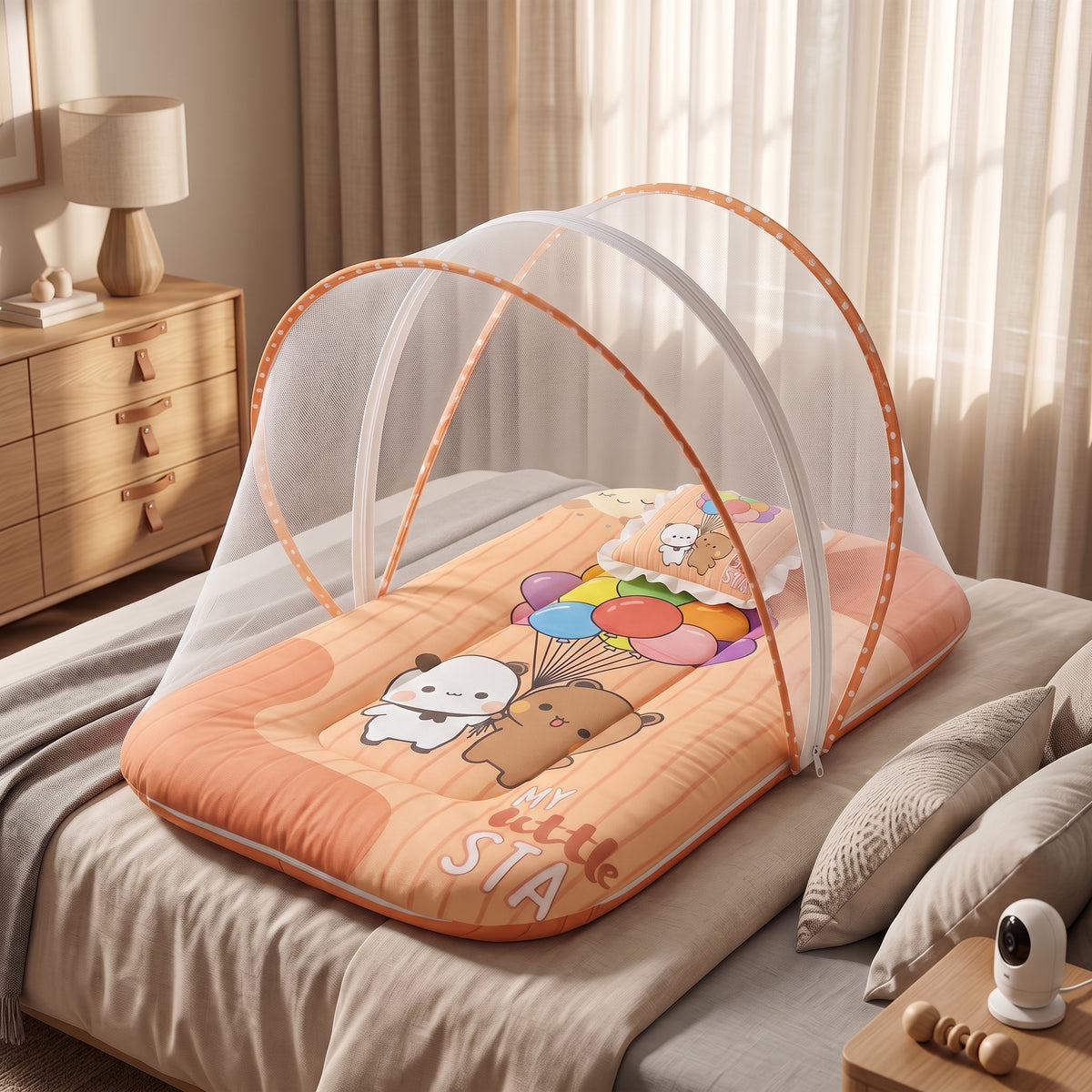MONIMINI KING SIZE MOSQUITO NET BABY MATTRESS | PREMIUM DIGITAL PRINT SOFT COTTON SLEEPING & PLAY BED FOR NEWBORNS