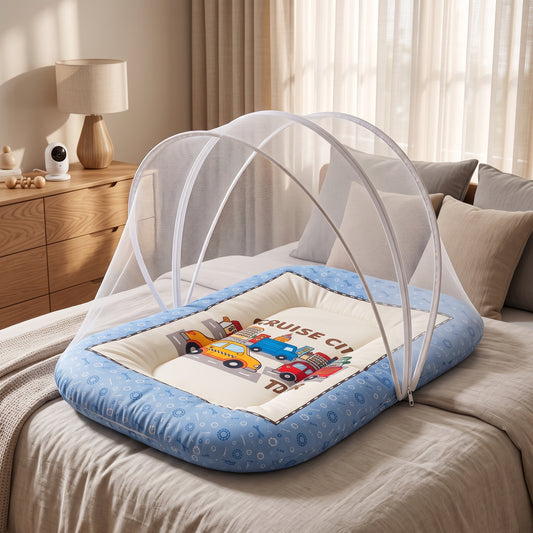 MONIMINI PREMIUM BABY BEDDING SET | DIGITAL PRINT MATTRESS, MOSQUITO NET SLEEPING BAG & BABY ESSENTIALS