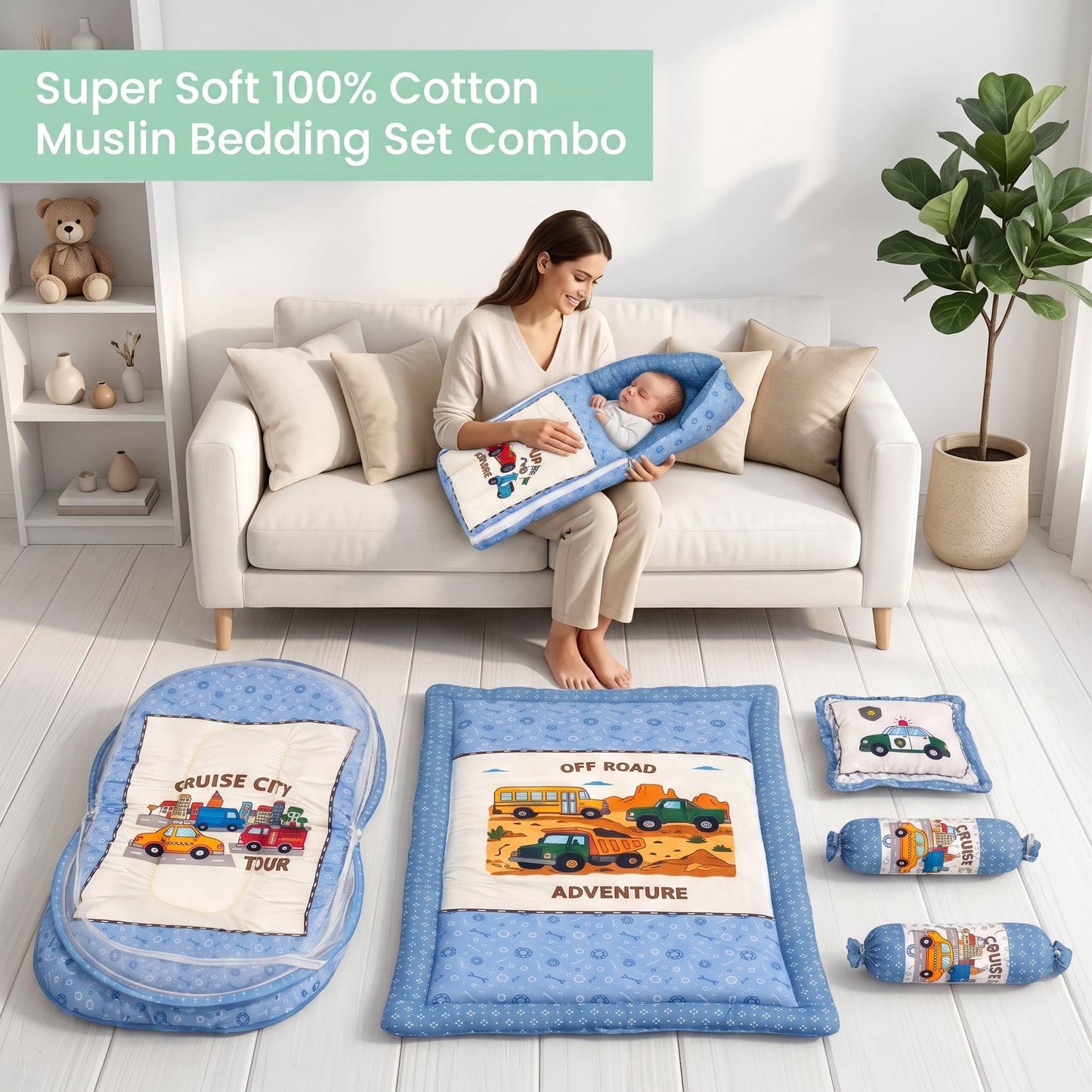MONIMINI PREMIUM BABY BEDDING SET | DIGITAL PRINT MATTRESS, MOSQUITO NET SLEEPING BAG & BABY ESSENTIALS
