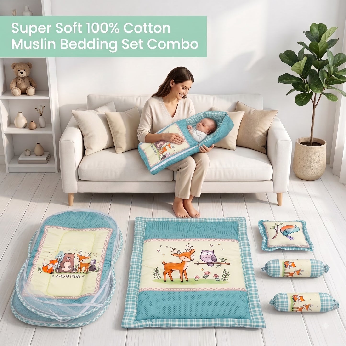 MONIMINI LUXURY DIGITAL PRINT BABY BEDDING SET | COMPLETE NEWBORN SLEEP & CARE COMBO