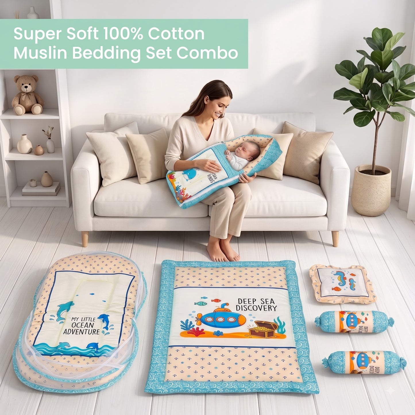 MONIMINI PREMIUM BABY BEDDING SET | DIGITAL PRINT MATTRESS, MOSQUITO NET SLEEPING BAG & BABY ESSENTIALS
