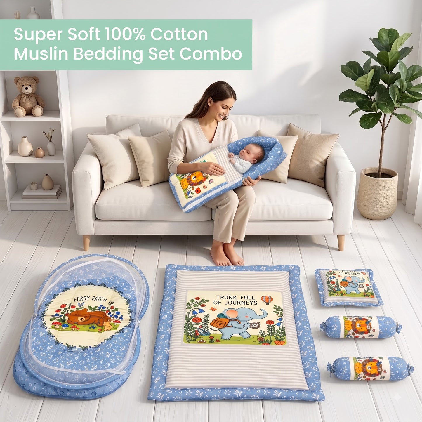 MONIMINI PREMIUM BABY BEDDING SET | DIGITAL PRINT MATTRESS, MOSQUITO NET SLEEPING BAG & BABY ESSENTIALS