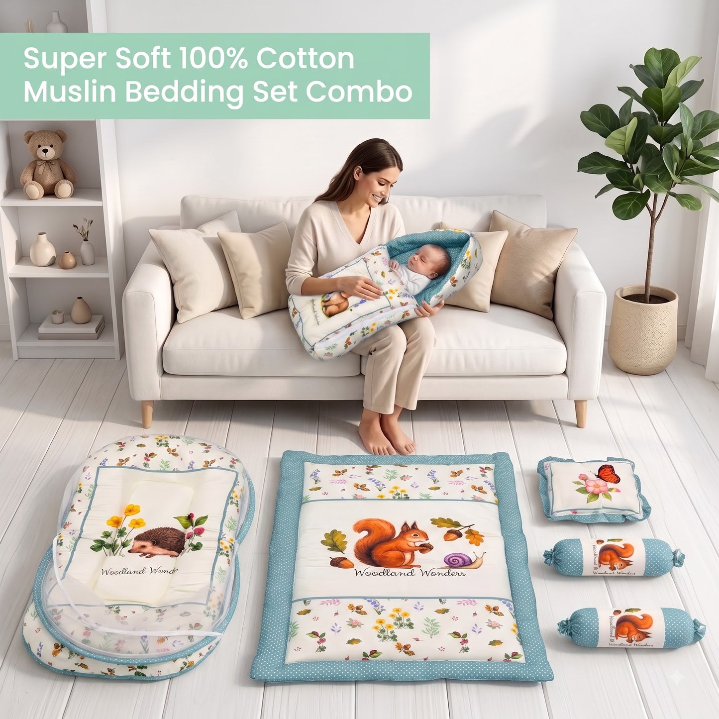 MONIMINI PREMIUM BABY BEDDING SET | DIGITAL PRINT MATTRESS, MOSQUITO NET SLEEPING BAG & BABY ESSENTIALS