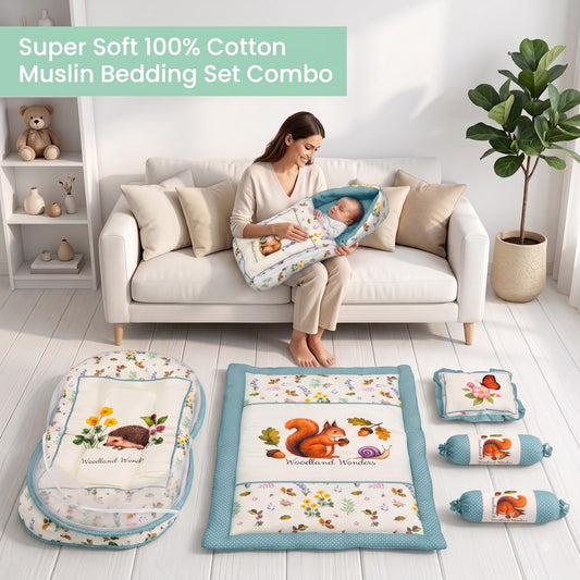 MONIMINI PREMIUM BABY BEDDING SET | DIGITAL PRINT MATTRESS, MOSQUITO NET SLEEPING BAG & BABY ESSENTIALS