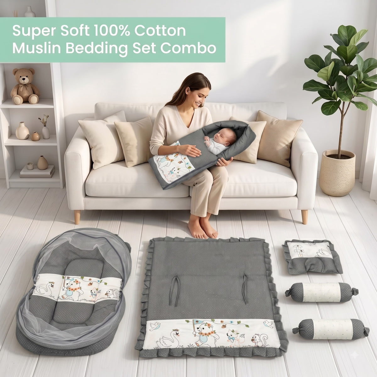MONIMINI LUXURY EMBROIDERY WORK BABY BEDDING SET | COMPLETE NEWBORN SLEEP & CARE COMBO