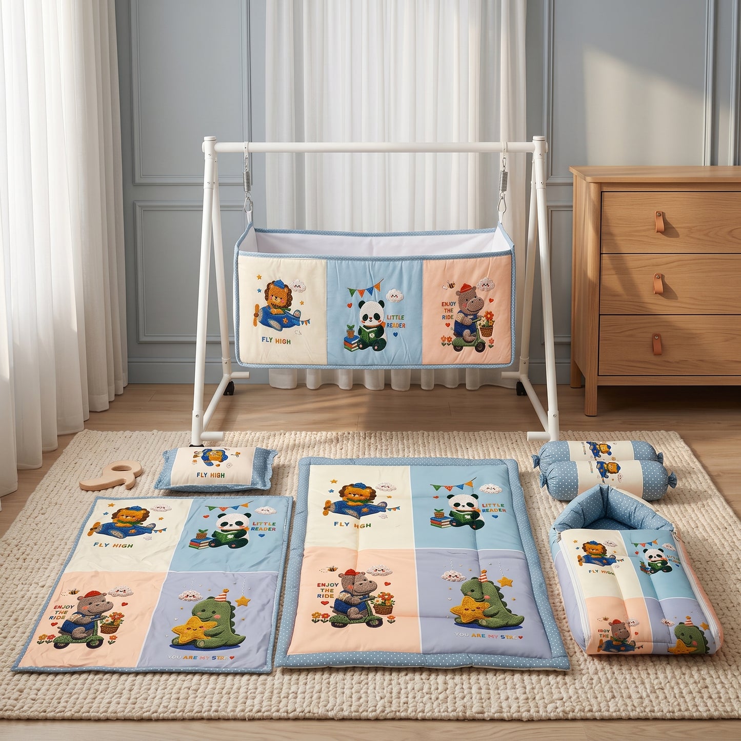 MONIMINI COMPLETE 7 PIECE DIGITAL PRINT BEDDING SET ESSENTIALS COMBO FOR BABY 0-6 MONTHS