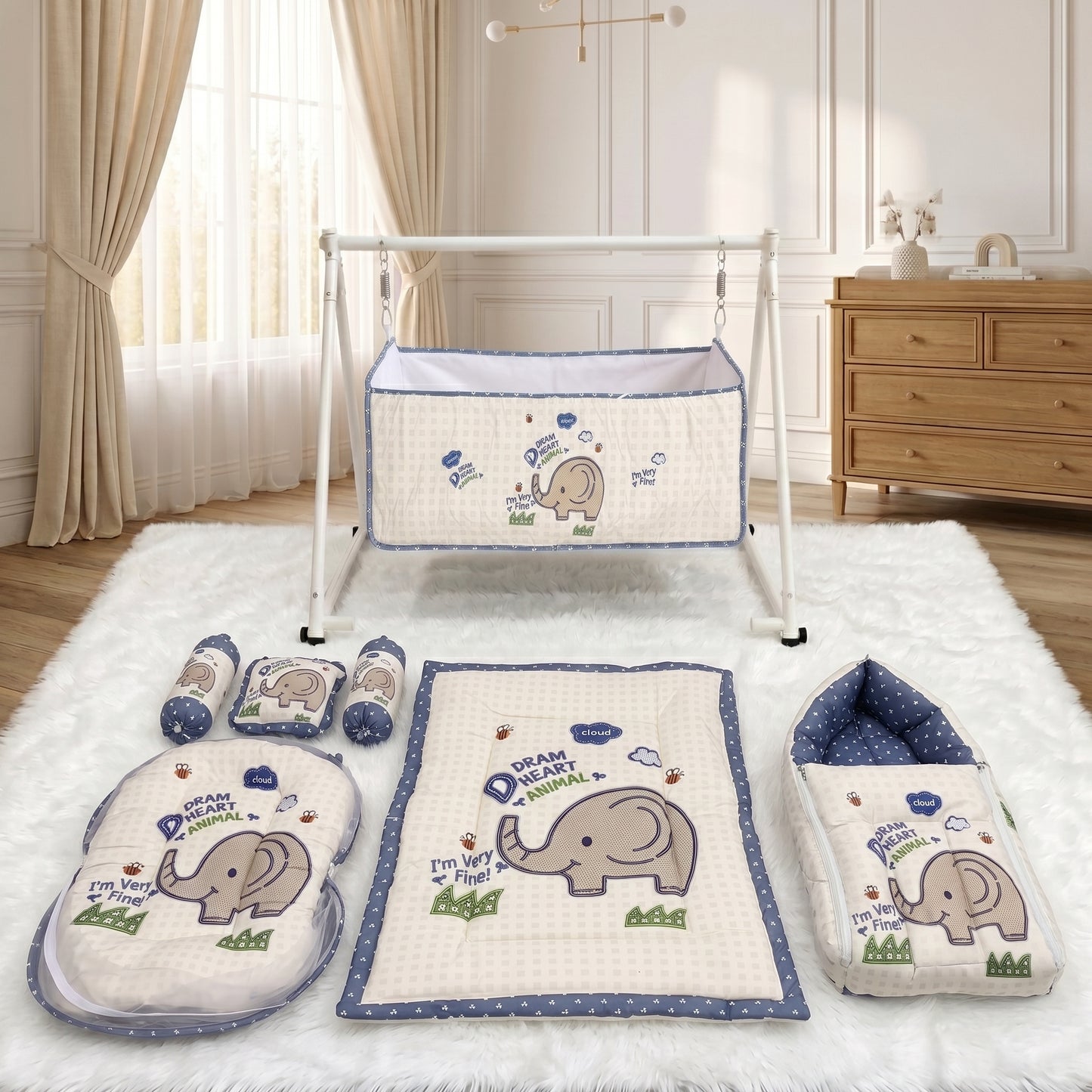 MONIMINI COMPLETE 7 PIECE DIGITAL PRINT BEDDING SET ESSENTIALS COMBO FOR BABY 0-6 MONTHS