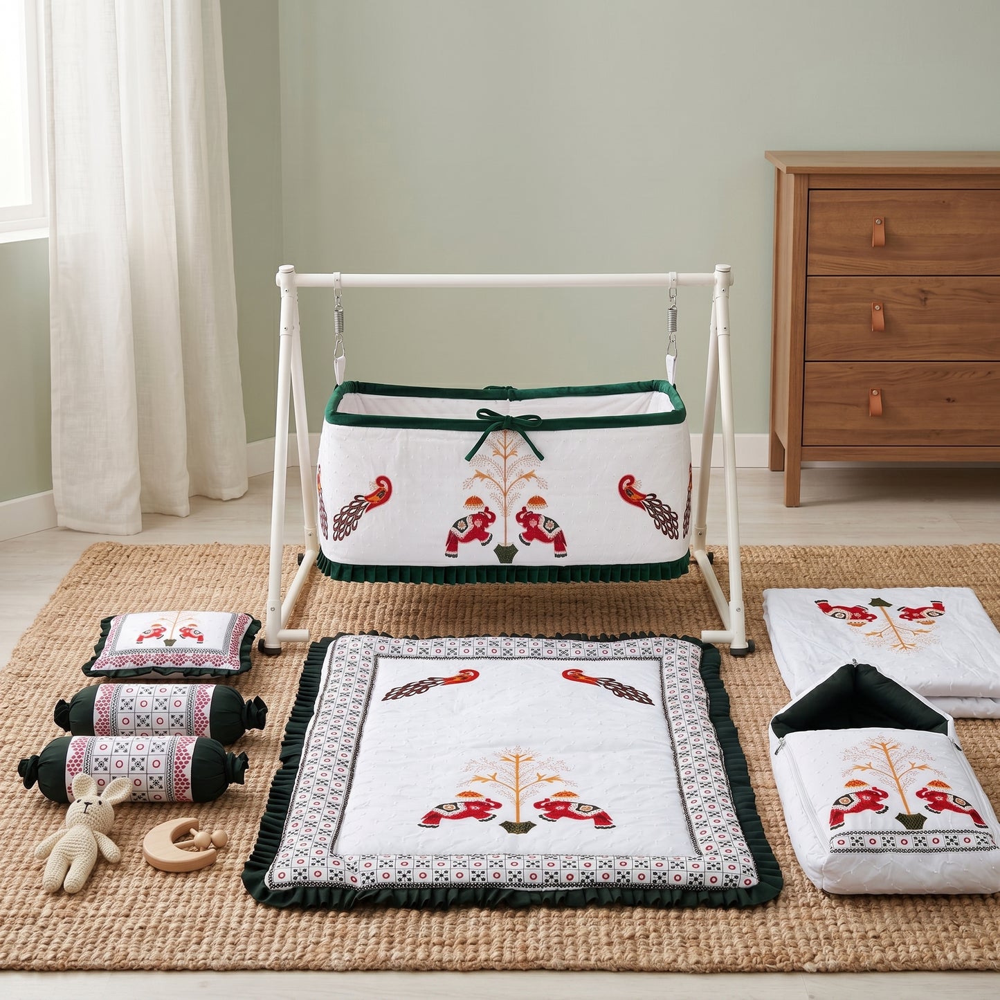 MONIMINI COMPLETE 7 PIECE EMBROIDERY BEDDING SET ESSENTIALS COMBO FOR BABY 0-6 MONTHS