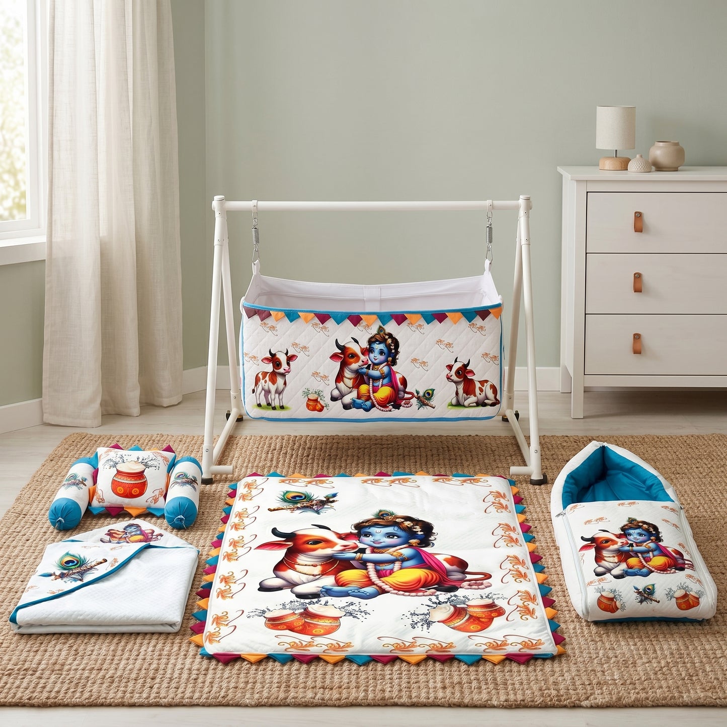 MONIMINI LUXURY DTF PRINT BABY BEDDING COMBO SET FOR NEWBORNS 7-PIECE COTTON BABY CARE ESSENTIALS