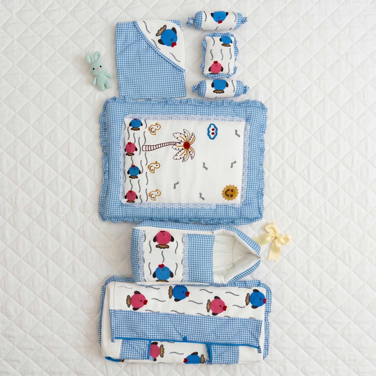 MONIMINI LUXURY UNN WORK BABY BEDDING COMBO SET FOR NEWBORNS 7-PIECE COTTON BABY CARE ESSENTIALS