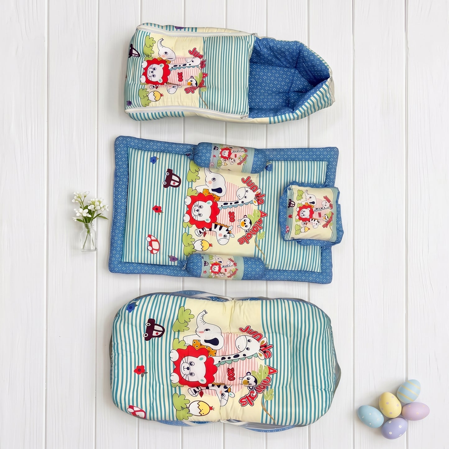 MONIMINI PREMIUM BABY BEDDING SET | DIGITAL PRINT MATTRESS, MOSQUITO NET SLEEPING BAG & BABY ESSENTIALS