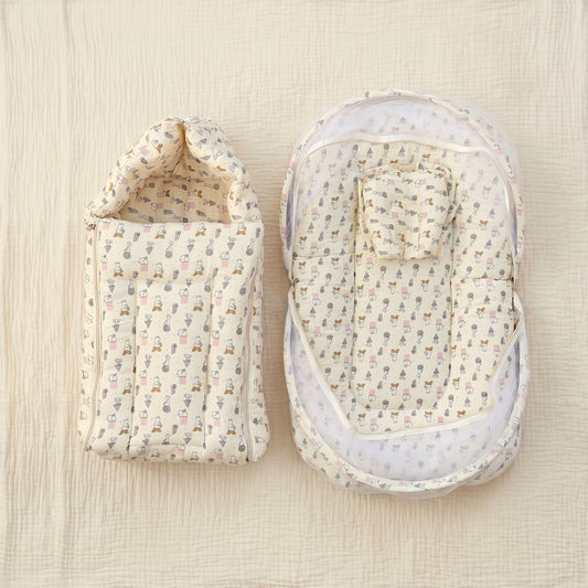 MONIMINI PREMIUM MUSLIN COMBO SET | BABY SLEEPING BAG & MOSQUITO NET MATTRESS FOR NEWBORNS