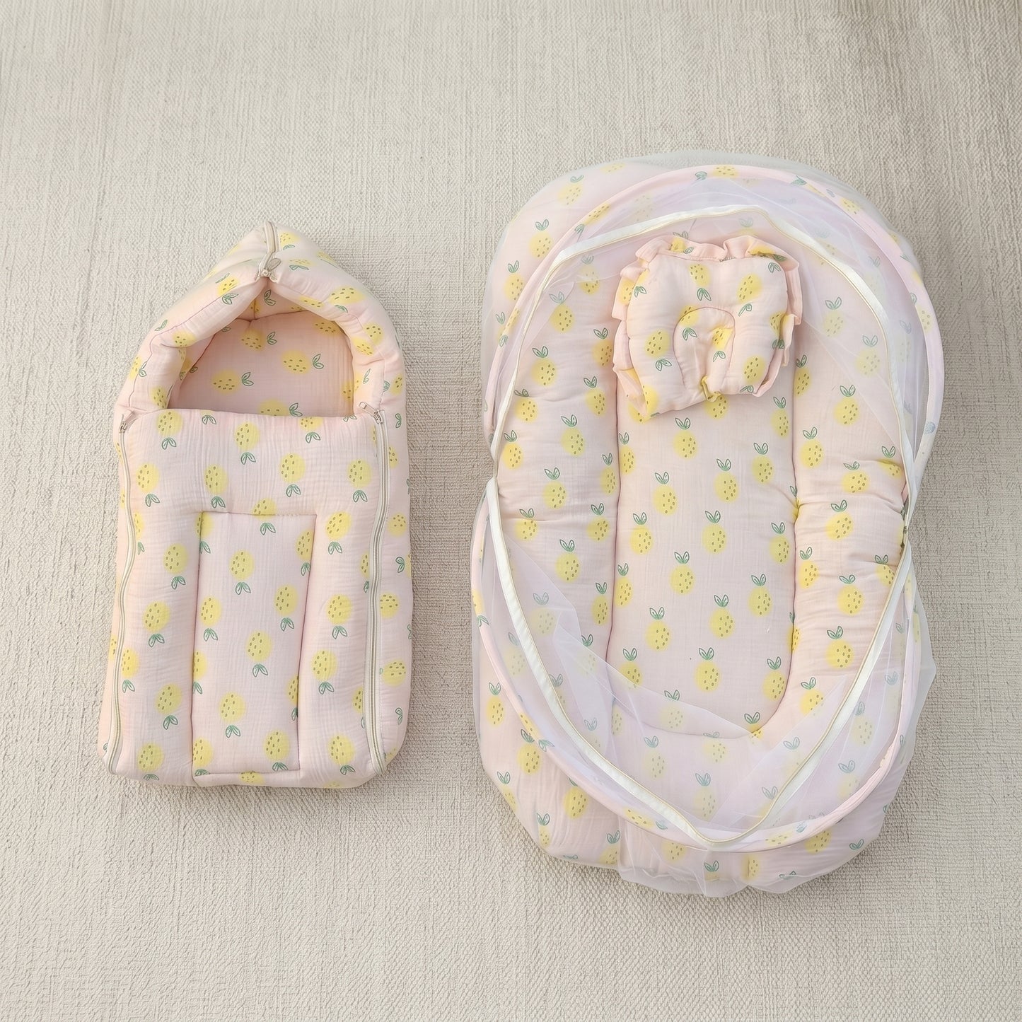MONIMINI MUSLIN COMBO FOR NEWBORNS | BABY SLEEPING BAG & MOSQUITO NET BED | SOFT COTTON BABY CARE ESSENTIALS