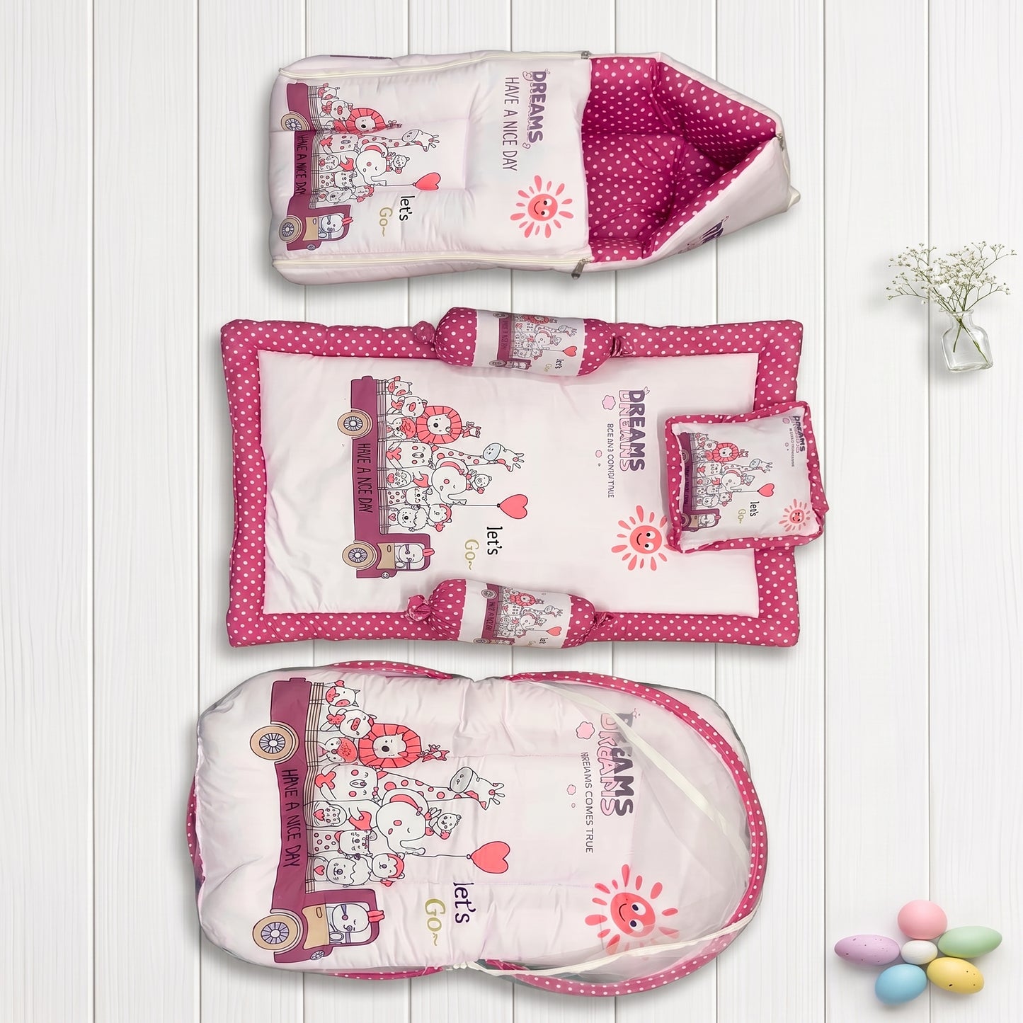 MONIMINI PREMIUM BABY BEDDING SET | DIGITAL PRINT MATTRESS, MOSQUITO NET SLEEPING BAG & BABY ESSENTIALS