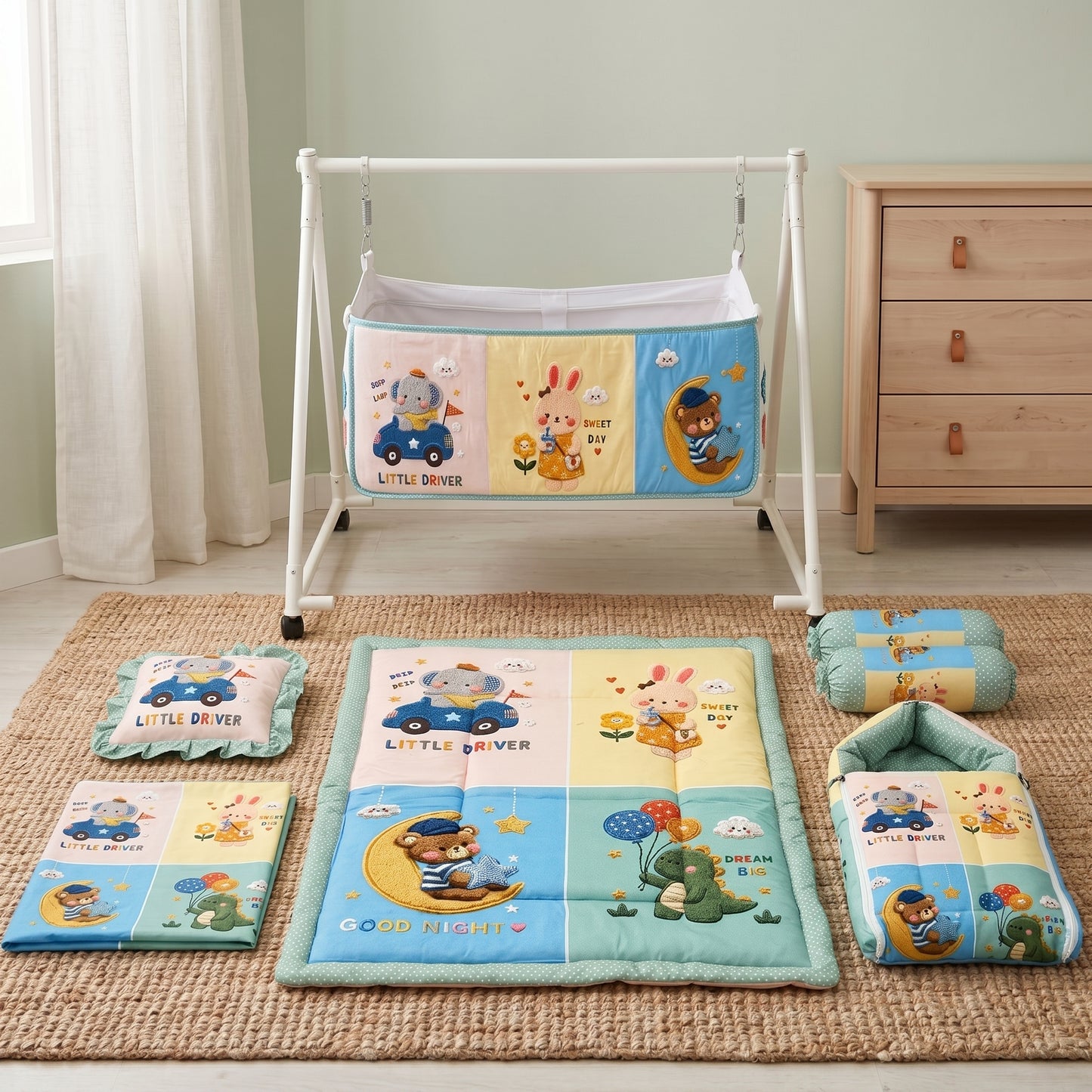 MONIMINI LUXURY DIGITAL PRINT BABY BEDDING COMBO SET FOR NEWBORNS 7-PIECE COTTON BABY CARE ESSENTIALS