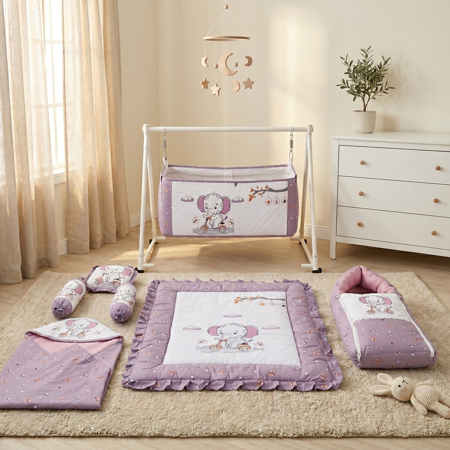 MONIMINI LUXURY EMBROIDERY BABY BEDDING COMBO SET FOR NEWBORNS 7-PIECE COTTON BABY CARE ESSENTIALS